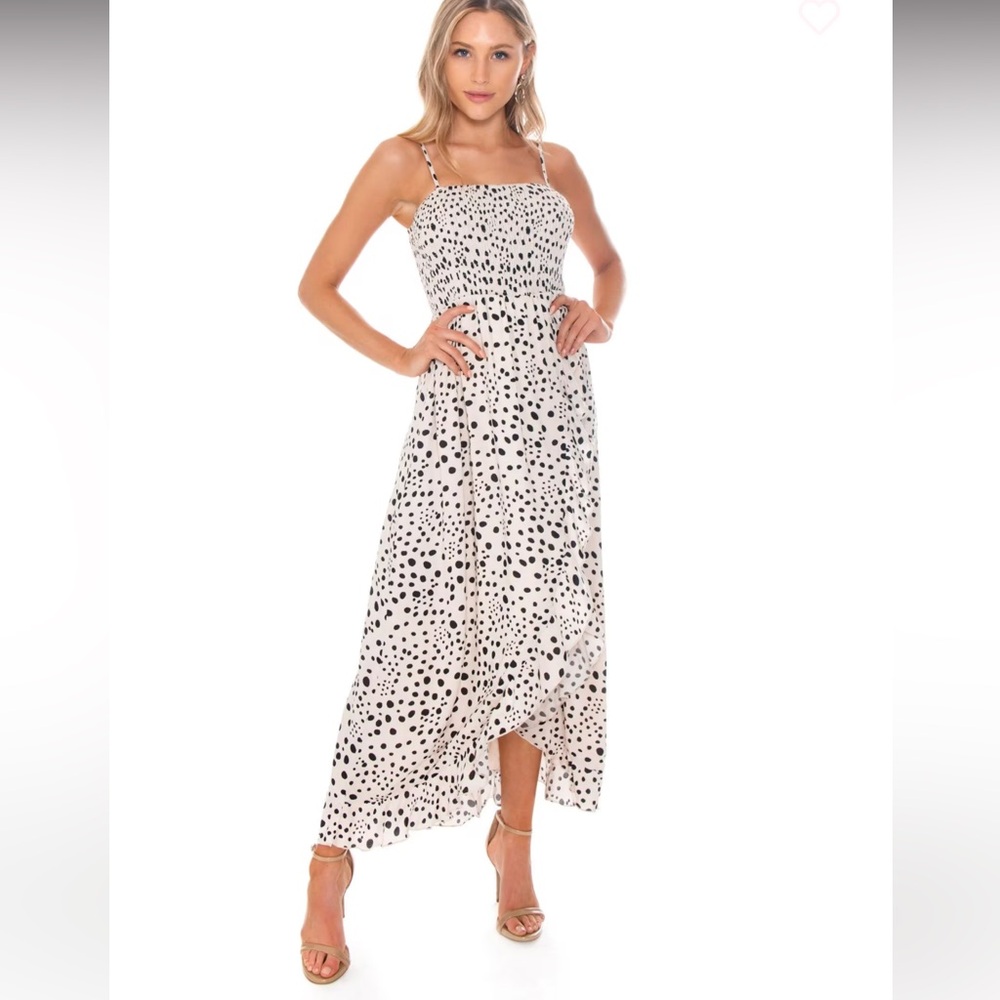 LOST IN LUNAR
ALLIRA MAXI DRESS Black and White Polka Dot High Low Dress